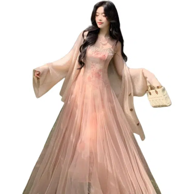 丝絮丝绸 幽梦浮岚仙气温柔开衫碎花网纱连衣裙裙装套装 女款