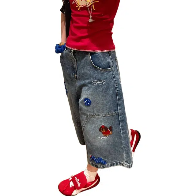 囍鱼少女 美式高街贴布刺绣水洗七分裤女夏季设计感小众宽松阔腿中裤牛仔短裤 女款