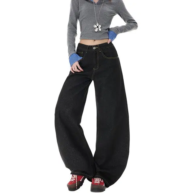 拾个壹先生 美式复古丹宁蓝阔腿潮流不掉色窄版直筒百搭牛仔裤 男女同款