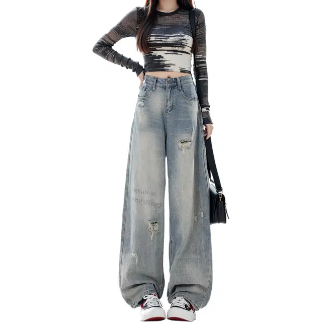 么宁 美式复古设计高腰宽松直筒阔腿裤重水洗抓痕破洞垂感慵懒风显高显瘦百搭休闲牛仔裤 女款