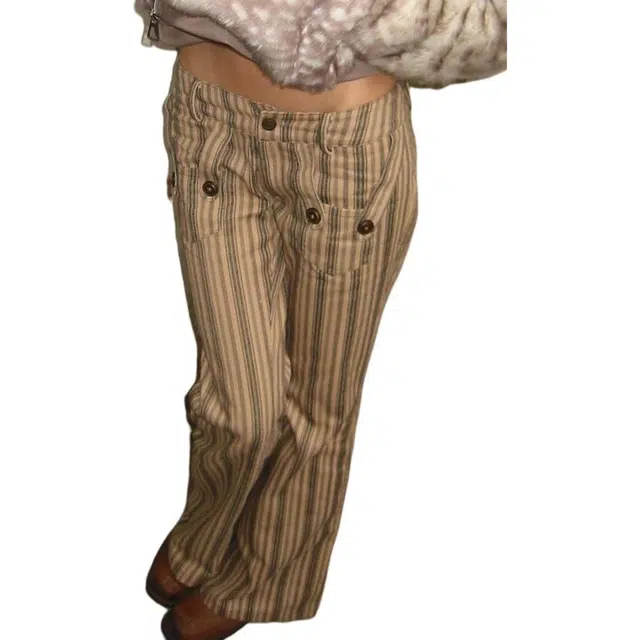 囍鱼少女 美式复古大码水洗条纹喇叭 女辣妹低腰修身显瘦坠感长裤子潮牛仔裤 女款