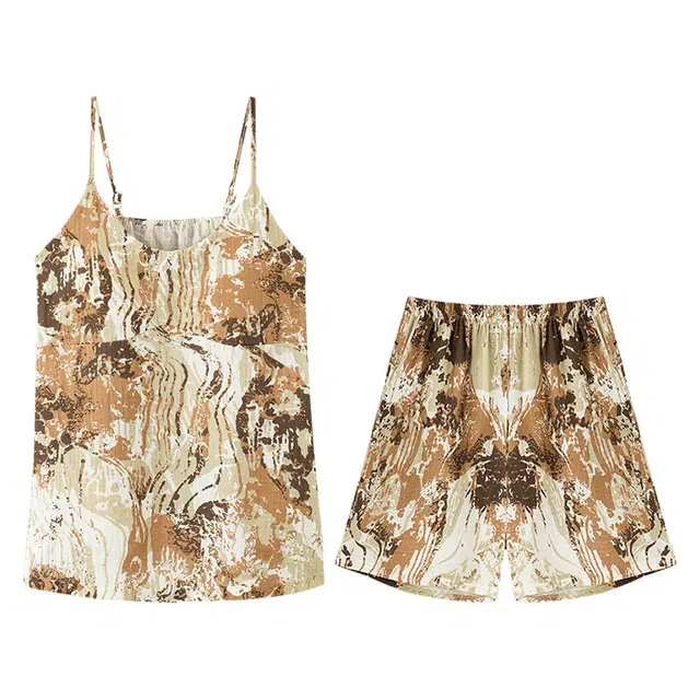 向薇 女夏季绉布纯棉吊带短裤带胸垫女士可外穿家居服夏天睡衣套装 女款