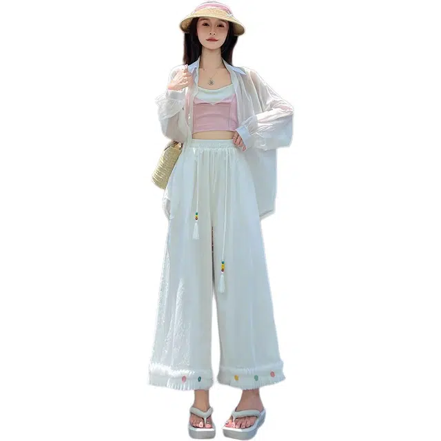 丝絮丝绸 花边拼接阔腿裤女森系甜美垂感软糯直筒小个子裤子休闲裤 女款