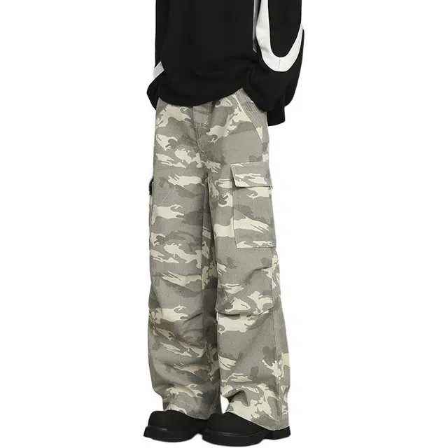 帝狼牛 美式复古高街做旧水洗满印白灰迷彩侧边拼接多口袋设计伞兵工装裤 男女同款