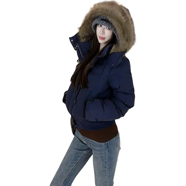 思蓓儿 连帽大毛领短款设计加厚保暖外套棉服 女款