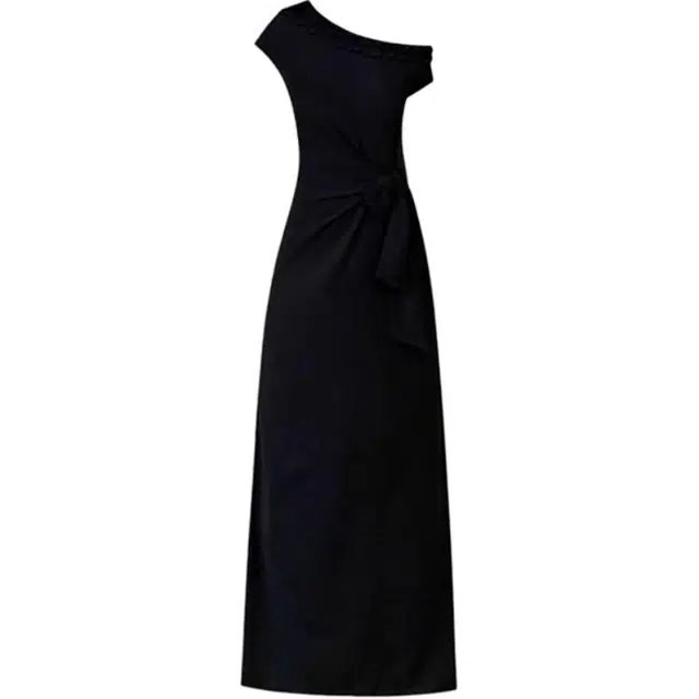 敲模女孩 韩版高级感拼接木耳边设计斜肩设计感绑带百搭收腰短袖连衣裙 女款