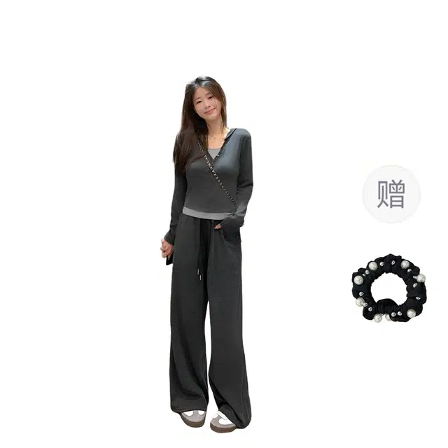 雾闪闪 连帽卫衣运动服跑步时尚韩版显瘦上衣阔腿裤休闲套装 女款