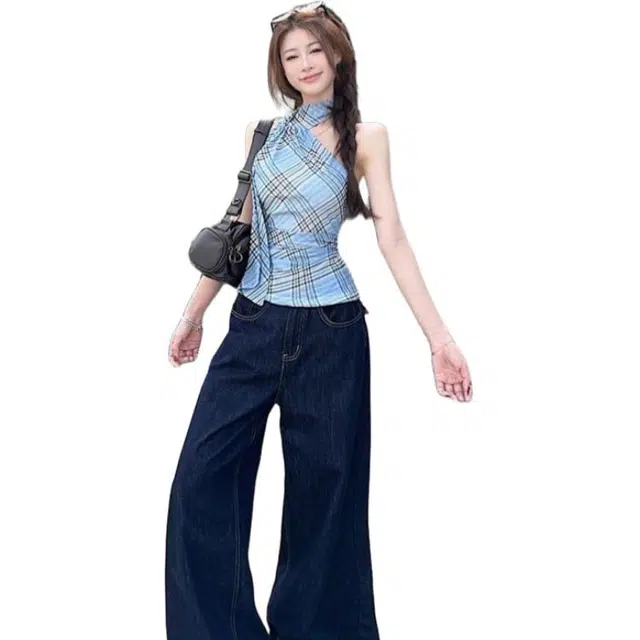 囍鱼少女 美式辣妹风格子设计感挂脖夏季时尚别致修身显瘦上衣背心 女款