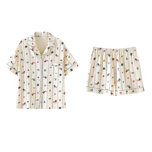 俏霓桐 夏季甜美可爱卡通腊肠狗条纹简约休闲少女风家居服可外穿睡衣套装 女款