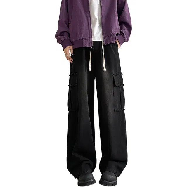 佐菲利 美式高街工装宽松直筒阔腿多口袋复古休闲长裤子牛仔裤 男女同款