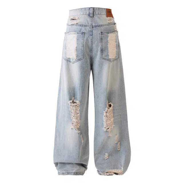 欧路得 小众高街设计感破洞弯刀男女夏季宽松显瘦休闲直筒拖地裤子牛仔裤 男款