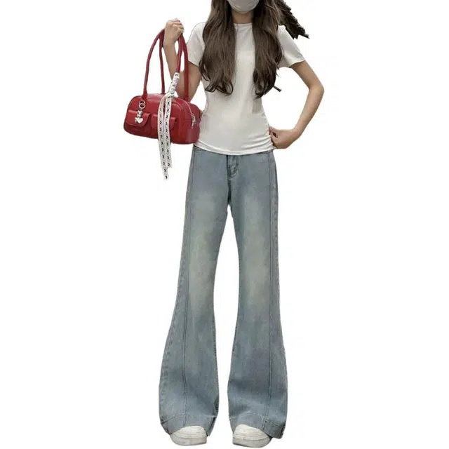 囍鱼少女 微喇裤高腰显瘦宽松阔腿喇叭裤小个子牛仔裤 女款