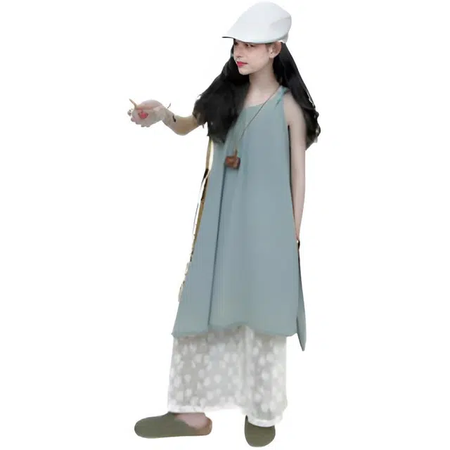 木木兔休闲运动套装 时髦洋气女童衣服夏装短袖大童潮牌小学生牛仔连衣裙加蕾丝阔腿女孩 女款