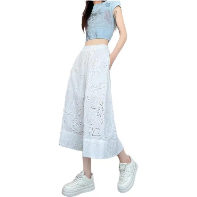 丝絮丝绸 法式慵懒女夏简约薄款镂空七分宽松显瘦直筒阔腿裤休闲裤 女款