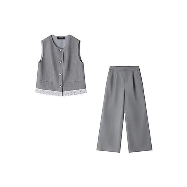 潞优野 格雷系通勤穿搭蕾丝拼接马甲一整套早秋休闲套装 女款