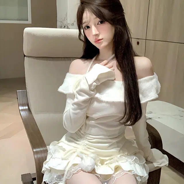 囍鱼少女 融合复古韩版法式风格的一字时尚连衣裙与肩上衣与半身裙搭配裙装套装 女款