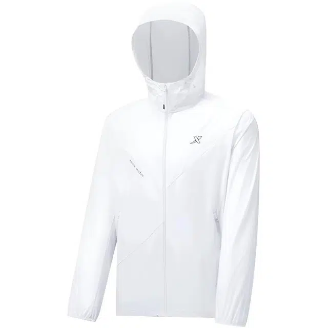 特步 跑步系列 纯色拉链连帽透气百搭运动风衣 男款 珍珠白