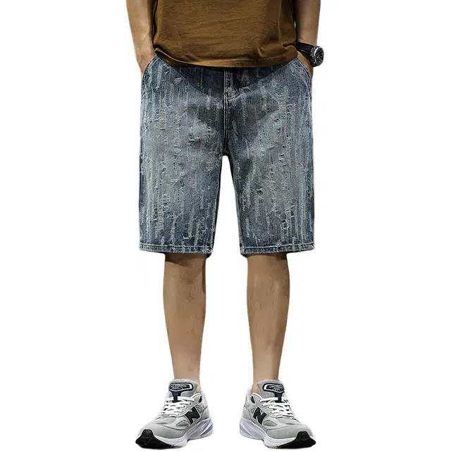 前进牛 美式休闲高街嘻哈潮牌痞帅做旧工装五分牛仔短裤 男女同款