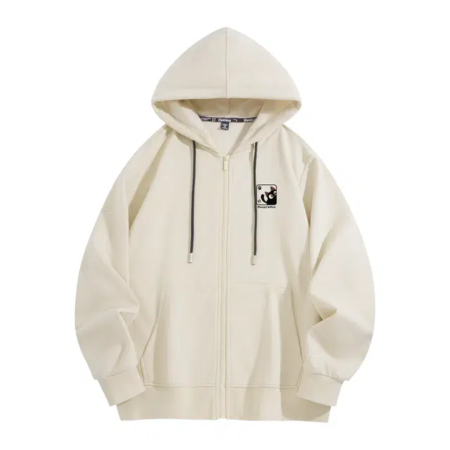 棉致 翘尾猫简约纯色牛奶丝抗皱无性别主义美式街头时尚舒适宽松休闲拉链开衫连帽卫衣 男女同款