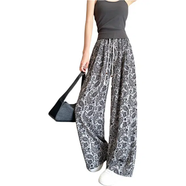 丝絮丝绸 高级感印花高腰冰丝窄版阔腿裤女夏季垂感直筒宽松拖地长裤子休闲裤 女款
