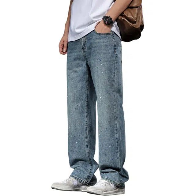 潮人榜 高街泼墨水洗直筒裤美式宽松潮牌阔腿长裤子百搭潮流牛仔裤 男女同款