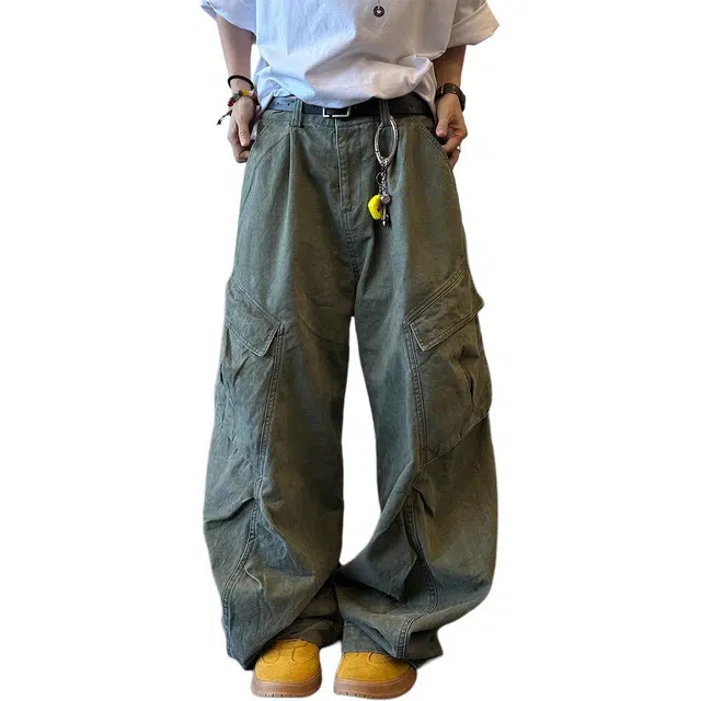 徐百货 美式复古显瘦做旧洗水宽松慵懒阔腿夏季多口袋长裤休闲裤 男女同款