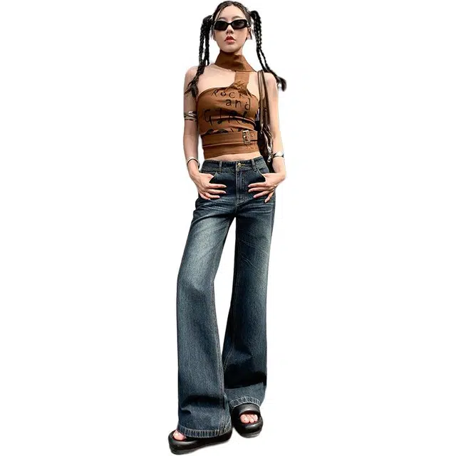 拾籍 美式风格后盖袋宽松低腰显瘦不贴腿喇叭裤女秋季时尚休闲百搭复古微喇牛仔裤 女款