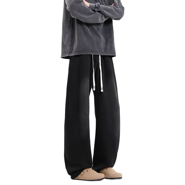 北欧攻略 美式重磅水洗慵懒风随意感运动裤垂感舒适直筒卫裤弯刀香蕉裤宽松大码显瘦休闲裤 男女同款