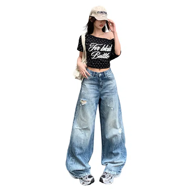 拾籍 复古设计破洞时尚高腰显瘦阔腿裤女宽松水洗百搭休闲牛仔裤 女款