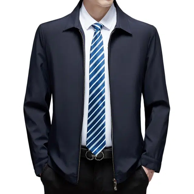 卡丹狄诺 纯色行政商务通勤拉链翻领都市极简正装干部领导休闲夹克外套 男款