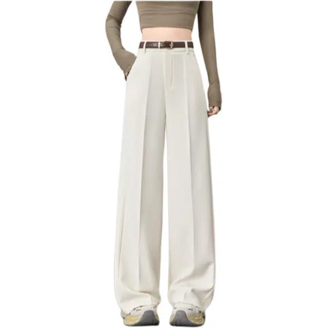 丝絮丝绸 休闲高级感阔腿裤女高腰设计感气质直筒拖地裤配腰带西装裤 女款