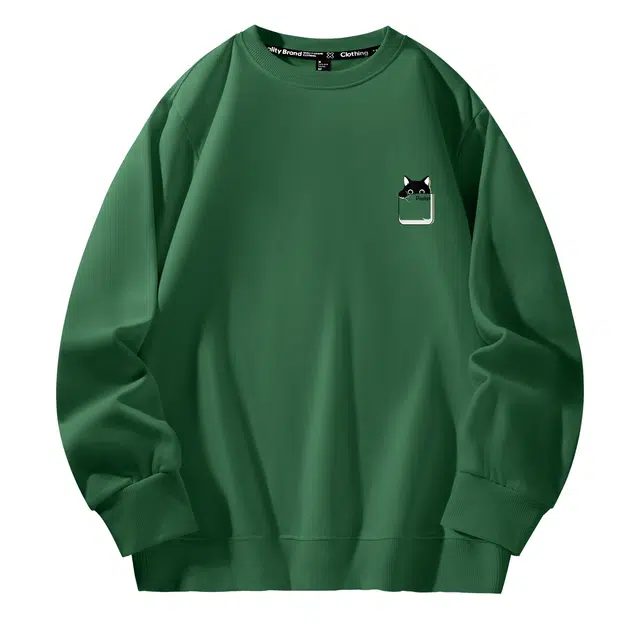 棉致 黑猫口袋简约纯色复古休闲柔软抗皱舒适基础百搭美式街头宽松落肩套头圆领卫衣 男女同款