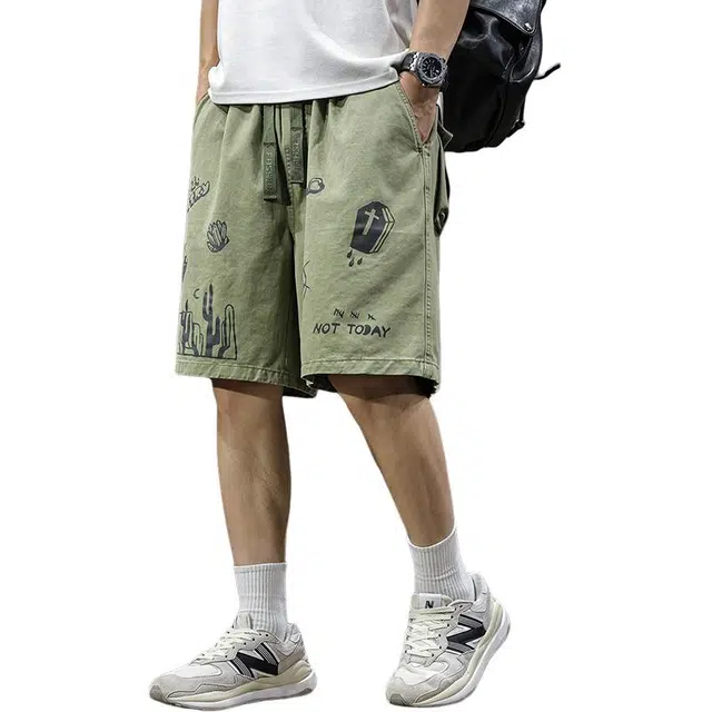 前进牛 美式经典复古潮牌高街痞帅涂鸦小众设计感宽松直筒纯棉透气五分工装裤休闲短裤 男女同款