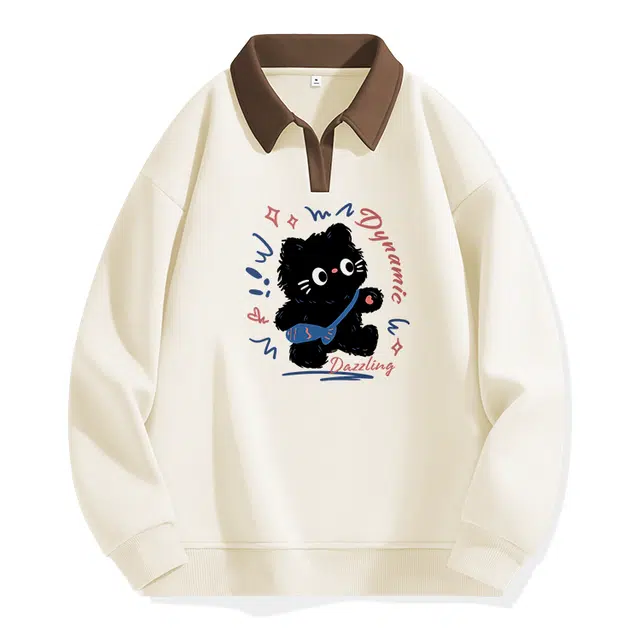 棉致 百搭活力小猫涂鸦翻领撞色学院风柔软舒适宽松卫衣 女款
