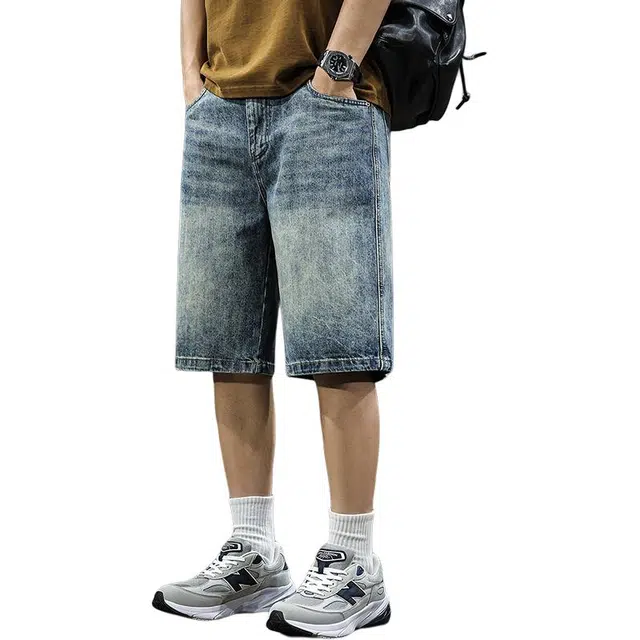 前进牛 美式休闲经典渐变潮牌高街痞帅潮流水洗复古夏季宽松阔腿直筒休闲五分裤牛仔短裤 男女同款