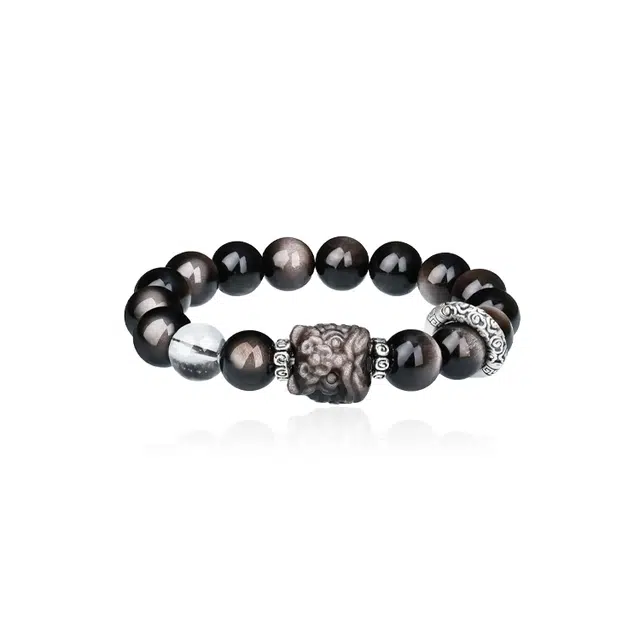 重庆金店 祥云醒狮 跑环 八方来财平安吉祥水逆退散运旺事业运 时尚 黑曜石 手串 男女同款情侣款