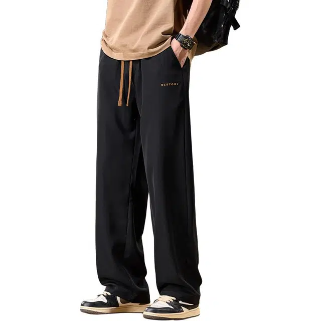 协协乐 夏季薄款凉感透气冰丝速干美式潮牌刺绣垂顺宽松直筒阔腿百搭运动长裤裤子休闲裤 男款