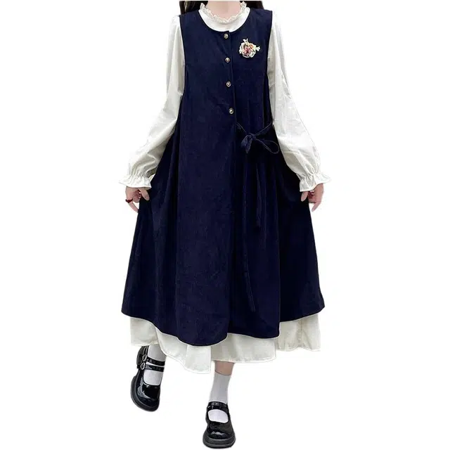 沐晓欣 叠穿甜美森系背心裙衬衫裙秋季长袖连衣裙两件套裙装套装 女款