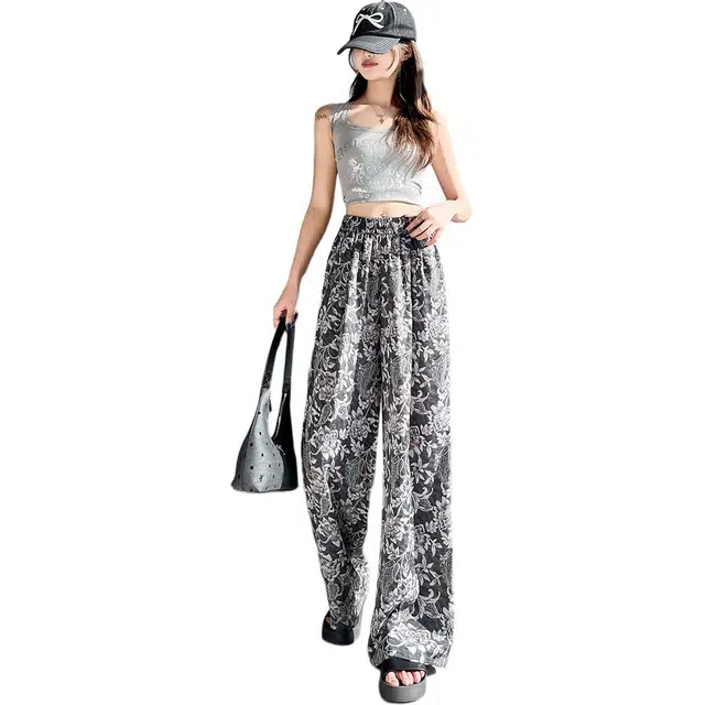 丝絮丝绸 夏季高级感印花高腰冰丝窄版阔腿裤女垂感直筒宽松拖地长裤子休闲裤 女款
