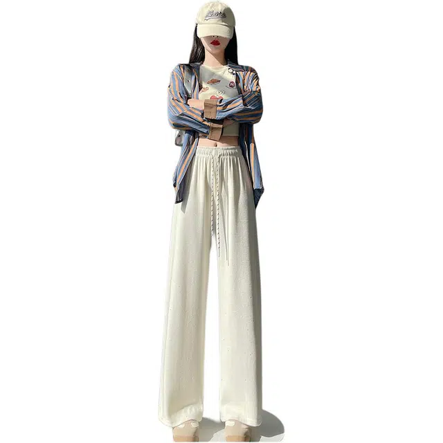 丝絮丝绸 亮片阔腿裤春季高腰垂感软糯慵懒针织糯米直筒长裤休闲裤 女款