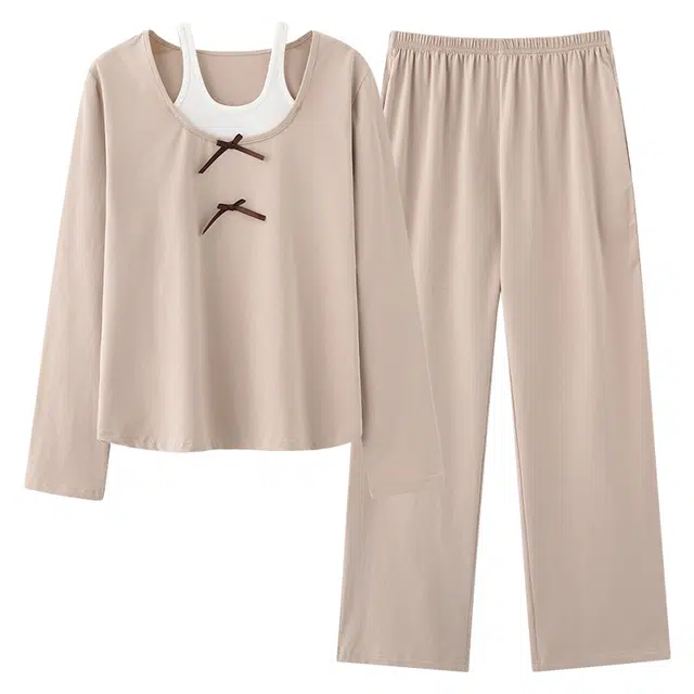 俏佳人 纯棉圆领套头假两件设计感上衣休闲长裤宽松舒适亲肤透气可外穿家居服睡衣套装 女款