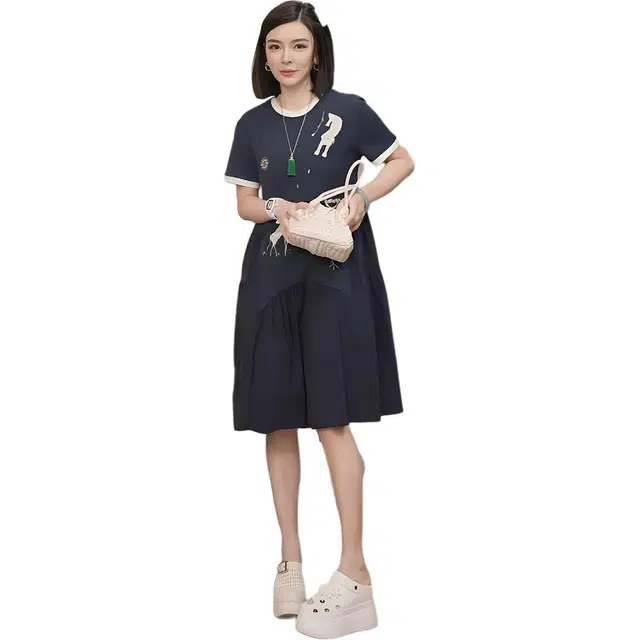 沐晓欣 精致别致漂亮撞色涂鸦裙子夏季法式气质女短袖连衣裙 女款