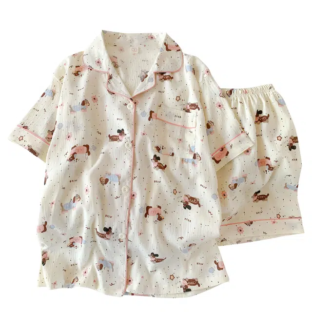 俏韵 翻领卡通腊肠狗甜美可爱休闲短袖舒适薄款家居服可外穿睡衣套装 女款