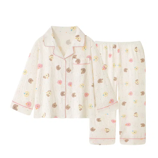 俏韵 翻领卡通小熊春秋季印花长袖长裤甜美可爱薄款家居服可外穿睡衣套装 女款