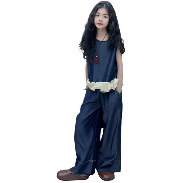 木木兔休闲运动套装 时髦洋气女童衣服夏装短袖大童潮牌小学生童装女孩牛仔立体花边 女款