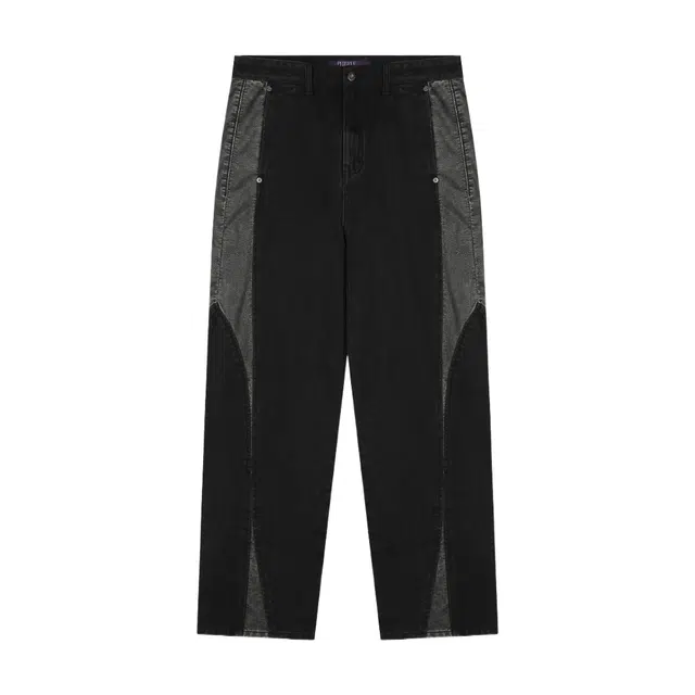 BESLOW CURVED LINE LEATHER DENIM PANTS