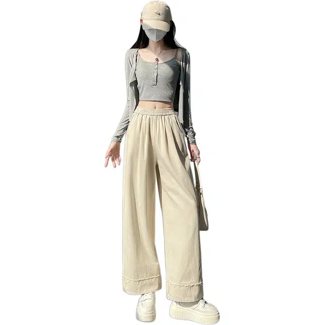 丝絮丝绸 洗水流苏边阔腿裤女春夏款森系甜美垂感软糯直筒小个子休闲裤 女款