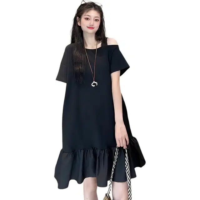 沐晓欣 法式夏季宽松显瘦设计褶皱拼接荷叶边休闲短袖连衣裙 女款