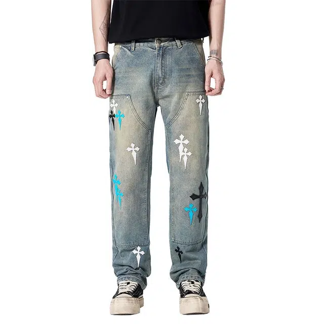 宝米卡 重工艺十字架刺绣阔腿直筒宽松欧货轻奢长裤子潮牛仔裤 男女同款