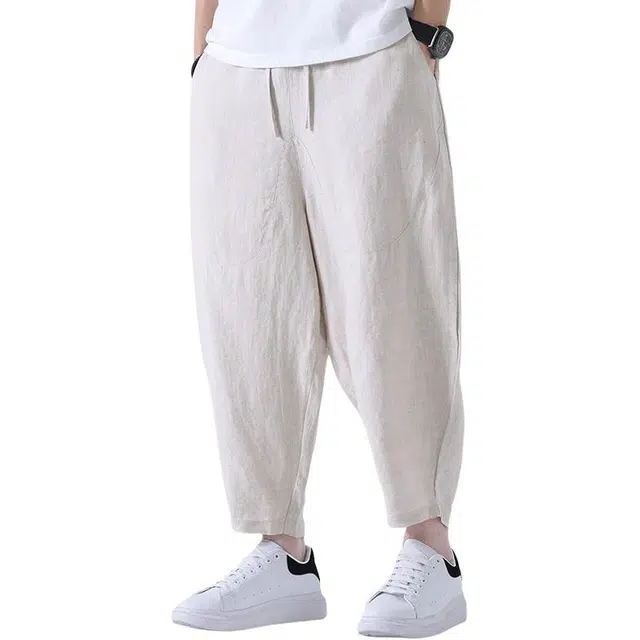 太子龍 亚麻夏季薄款中国风透气系绳九分裤小脚休闲裤 男款